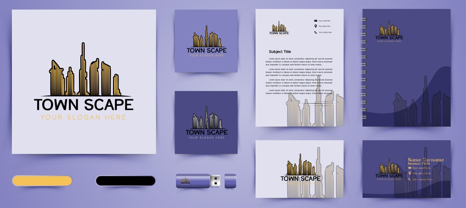 Construction company branding with city skyline logo