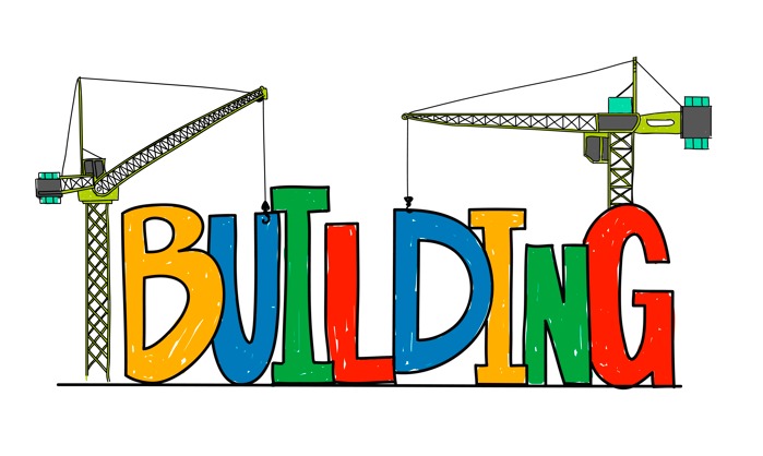 Construction logo design with crane and building typography