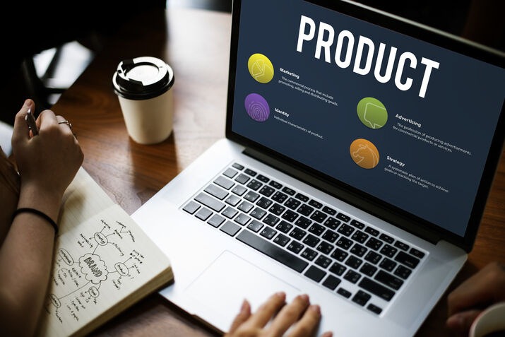Brand strategy presentation and product positioning on laptop screen