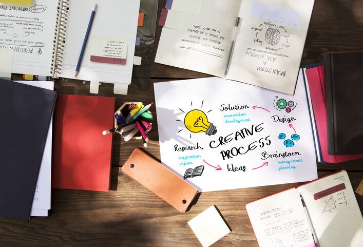 Creative rebranding strategy planning with brainstorming and design concepts