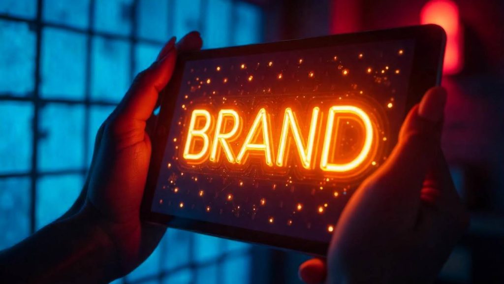 Digital brand identity displayed on a tablet screen with glowing brand typography
