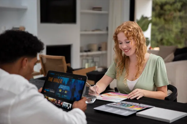 Marketing consultant reviewing business branding project details